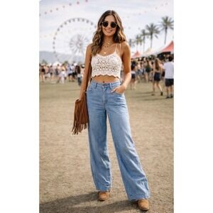 Anthropologie Pilcro and the Letterpress Blue Tencel Linen Wide Leg  Pants Sz 28